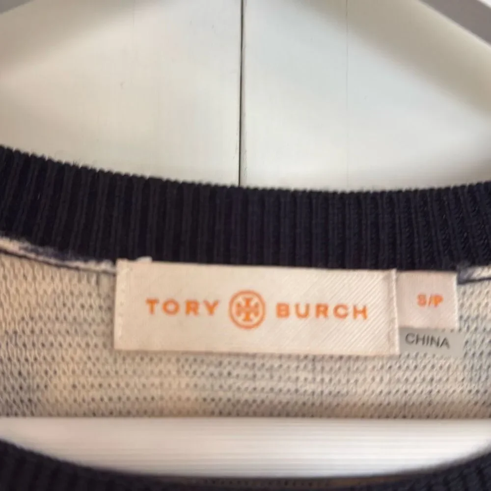 Tory Burch Tia blue printed merino wool crewneck sweater